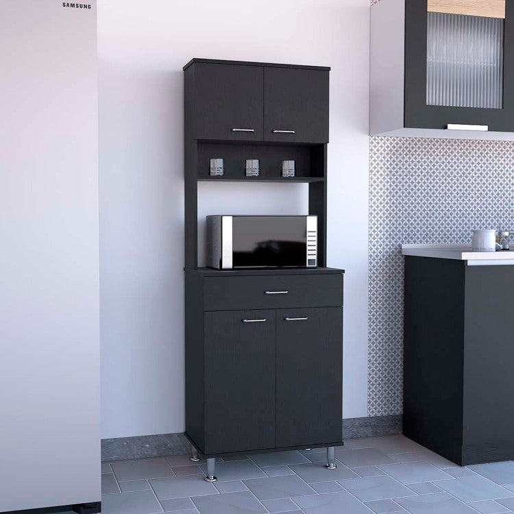 Della 60 Kitchen Pantry With Countertop, Closed & Open Storage Black