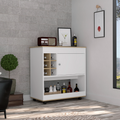 Lotus Bar Cart, Six Bottle Cubbies, One Cabinet, Four Casters, Light Oak White