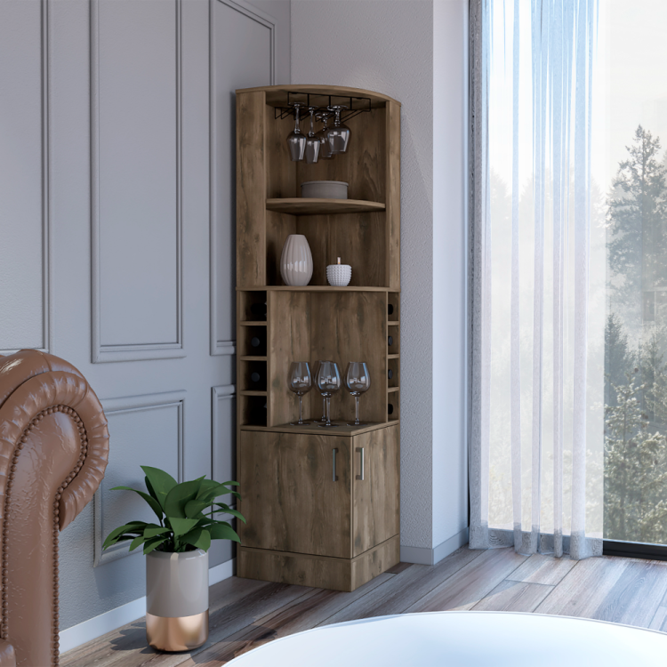 Bar Cabinet 71" H, With Two Shelves At The Top, 1 Glass Holder, 8 Exterior Bottle Racks, 1 Central Shelf And A Lower Drawer With 2 Side Doors, Dark Brown