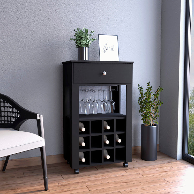 Memphis Bar Cart, Twelve Built In Wine Rack, Four Legs, One Open Shelf Black