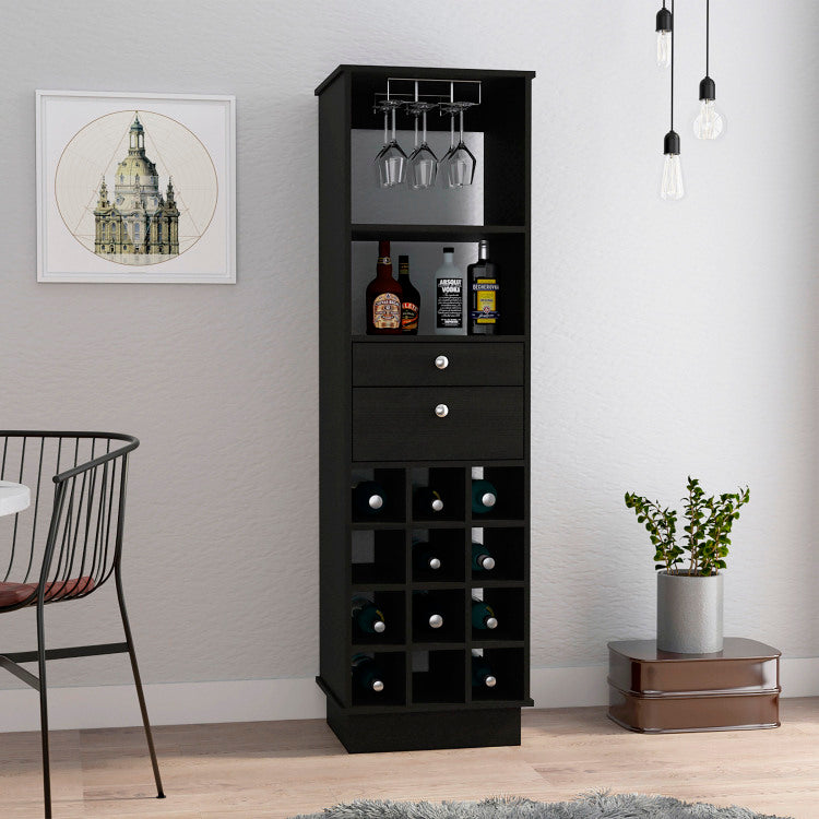 Classic Bar Cabinet, Two Drawers, Twelve Built In Wine Rack Black