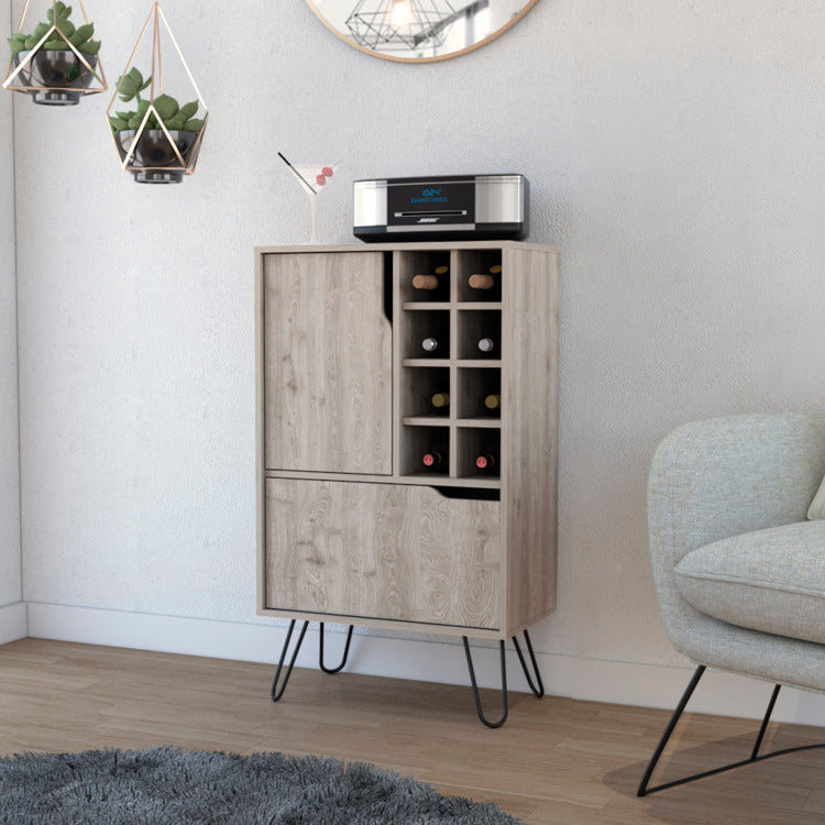 Manhattan L Bar Cabinet, Eight Built In Wine Rack, Single Door Light Gray
