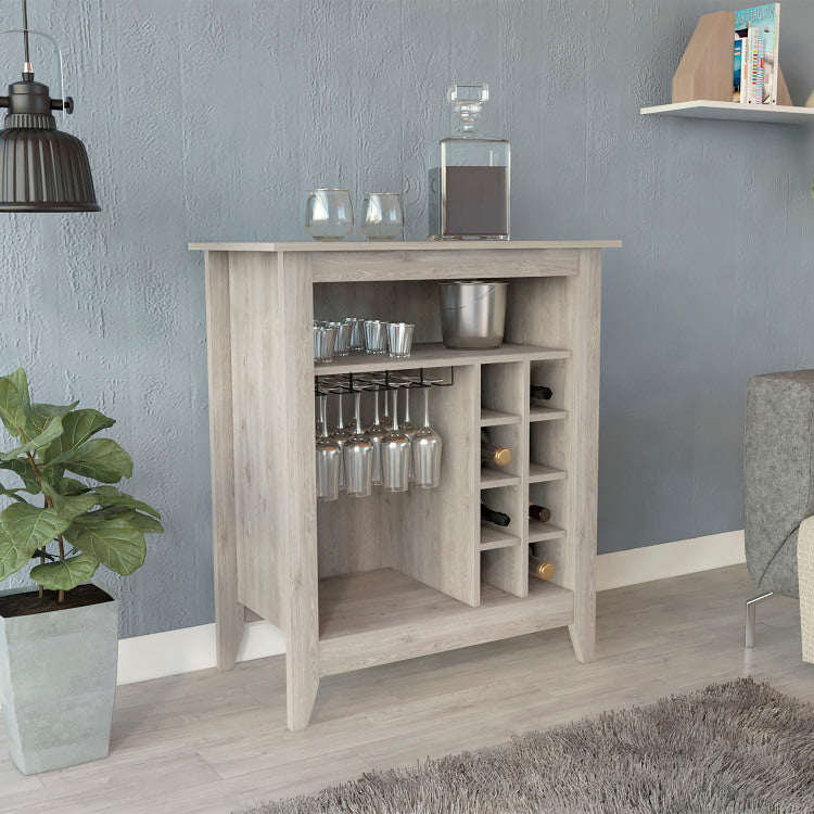 Essential Bar Cabinet, One Open Shelf, Six Built In Wine Rack, One Drawer Light Gray