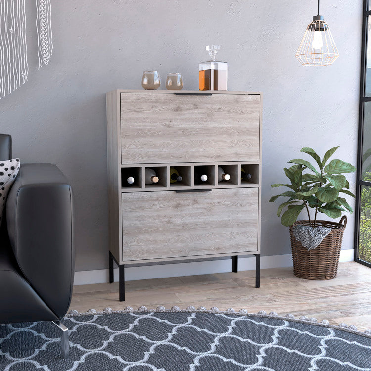 Lyrata Bar Cabinet, Six Built In Wine Rack, Double Door Light Gray