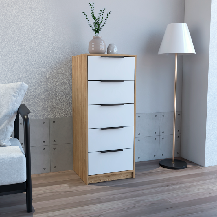 Dresser 42"H, 5 Drawer, Vertical Dresser, White Light Oak