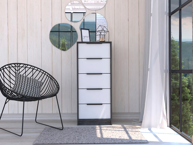 Kaia 5 Drawer Dresser, Vertical Dresser Smokey Oak White
