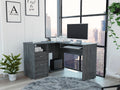 Mix L Shaped Desk, Keyboard Tray, Two Drawers, Single Open Shelf Smokey Oak