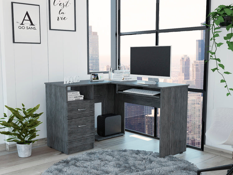 Mix L Shaped Desk, Keyboard Tray, Two Drawers, Single Open Shelf Smokey Oak