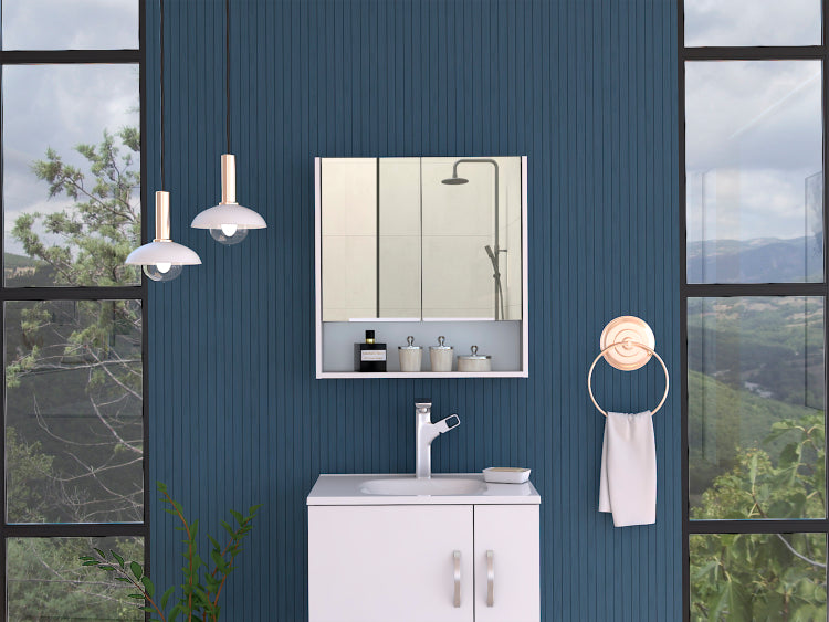 Jaspe Mirror Cabinet, Three Internal Shelves, One Open Shelf, Double Door Cabinet White
