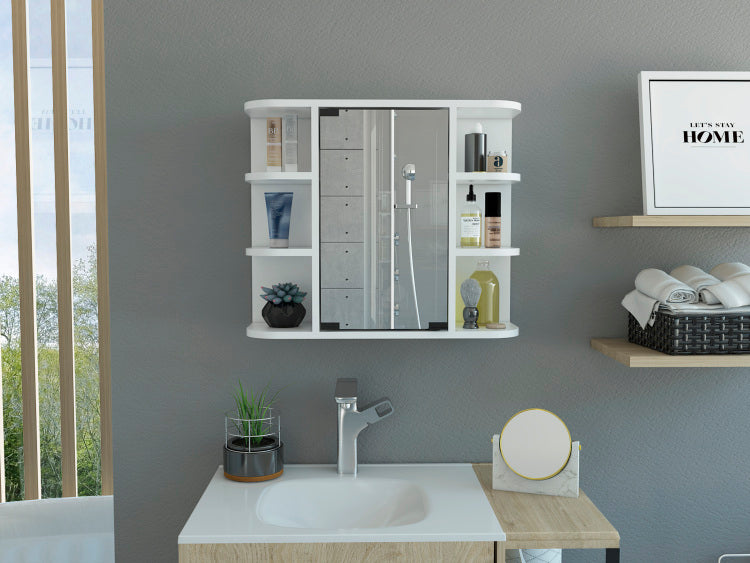 Milan Medicine Cabinet, Six External Shelves Mirror, Three Internal Shelves White