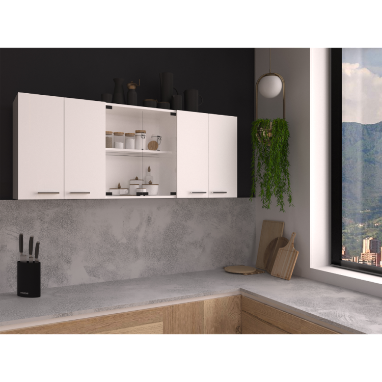 Wall Cabinet 24" H, Four Doors, With Two Internal Shelves And Internal Plate And Glass Organizer, Two Storage Shelves With Two Glass Doors, White
