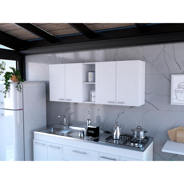 Wall Cabinet 24" H, Four Doors, Two Open Storage Shelves, Two Internal Shelves, Internal Dish And Glass Organizer, White