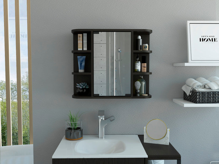Milan Medicine Cabinet, Six External Shelves Mirror, Three Internal Shelves Black