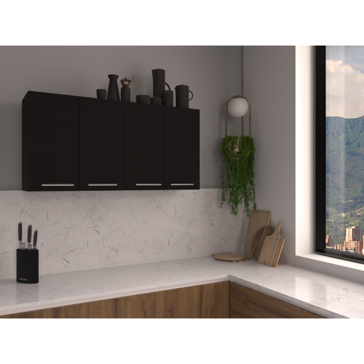 Wall Cabinet 24" H, Four Doors, With Two Internal Shelves And Internal Plate And Glass Organizer, Black