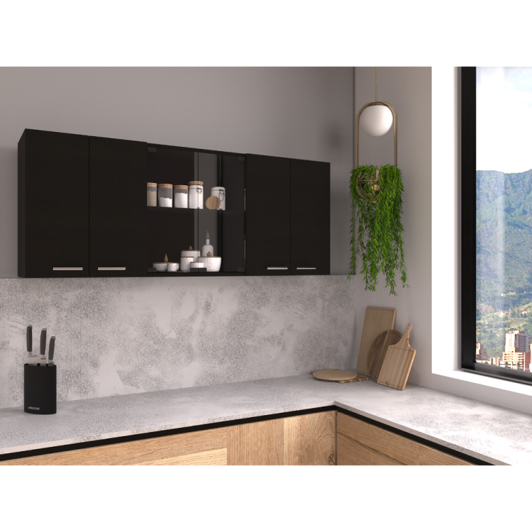 Wall Cabinet 24" H, Four Doors, With Two Internal Shelves And Internal Plate And Glass Organizer, Two Storage Shelves With Two Glass Doors, Black