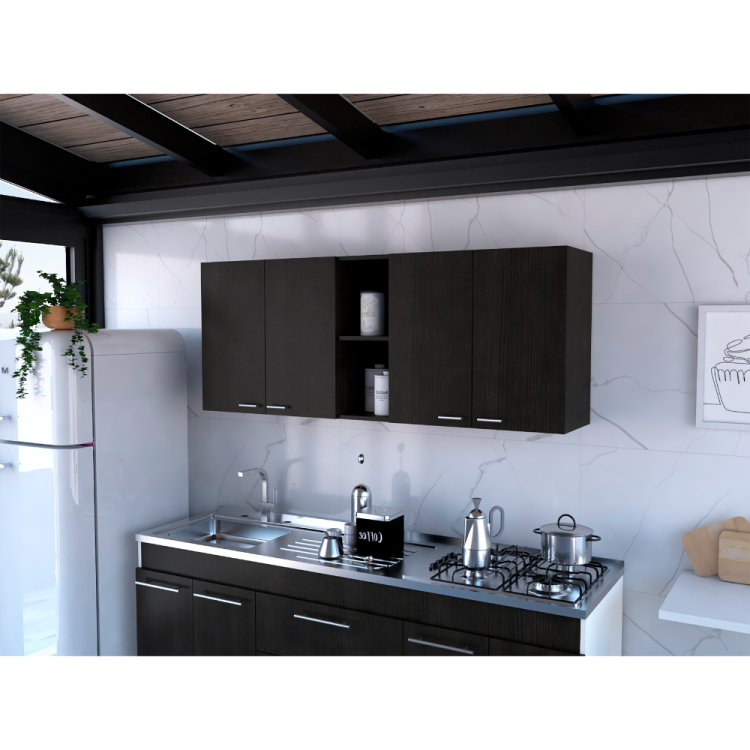 Wall Cabinet 24" H, Four Doors, Two Open Storage Shelves, Two Internal Shelves, Internal Dish And Glass Organizer, Black