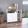 Paprika Kitchen Cart, Four Casters , Four Open Shelves, Double Door Cabinet Light Oak White