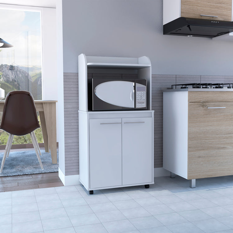 Kira Kitchen Kart, Double Door Cabinet, One Open Shelf, Two Interior Shelves White
