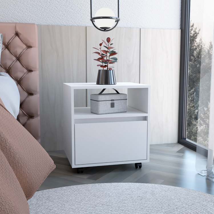 Austin Nightstand , End Table, Side Table Casters, Single Drawer White