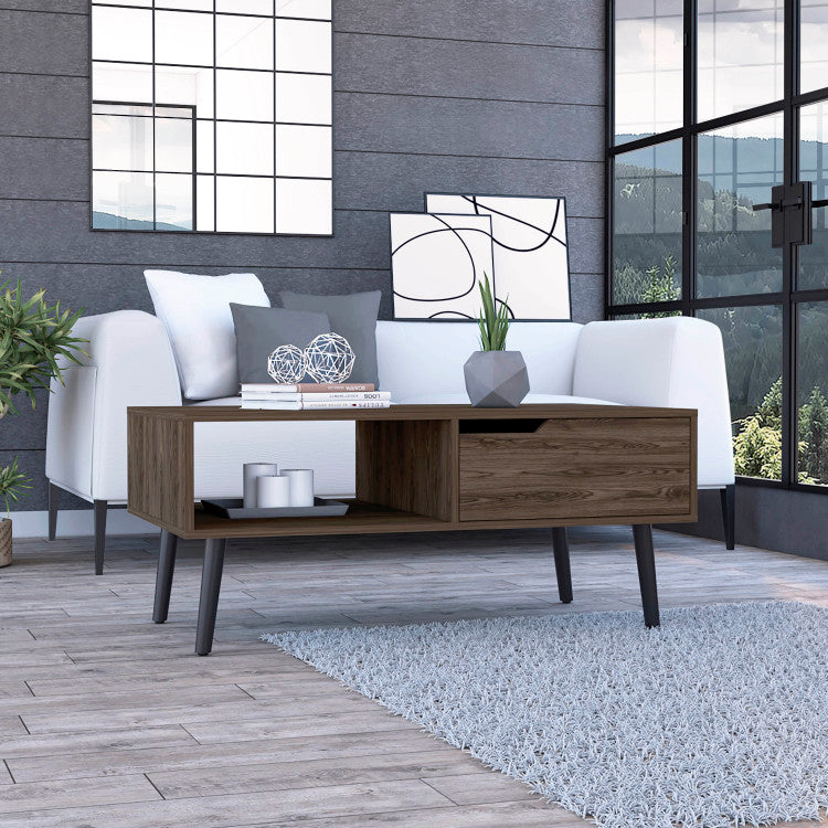 Oslo Coffee Table, One Drawer, One Open Shelf, Four Legs Dark Walnut