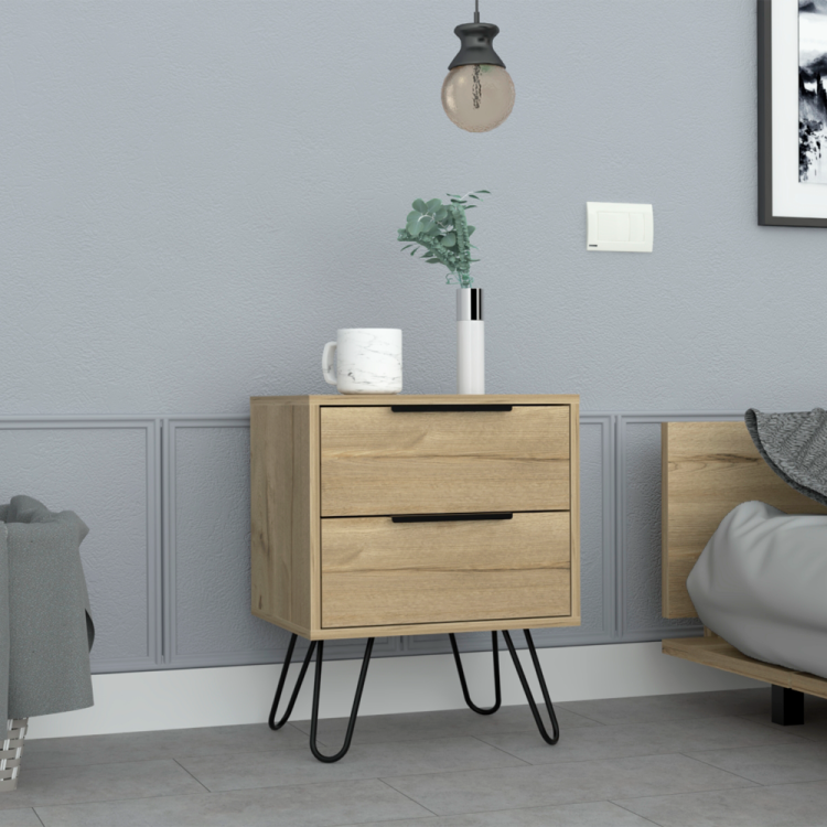 Nightstand 22" H, Four Hairpin Legs, Two Drawers, Light Oak