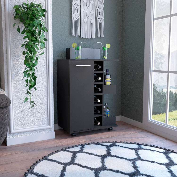 Bar Cart, Two External Shelves, Four Casters, Six Built In Wine Rack, Single Door Cabinet Black