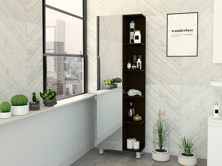 Urano Mirror Linen Cabinet, Four Interior Shelves, Five External Shelves Black