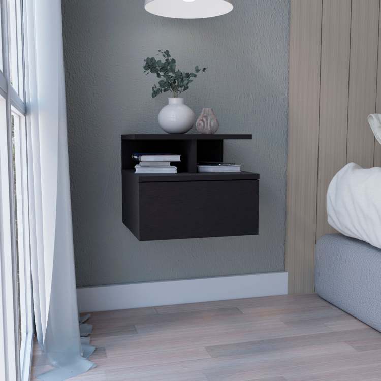Floating Nightstand 12"H, Wall Mounted With Single Drawer And 2 Tier Shelf, Black