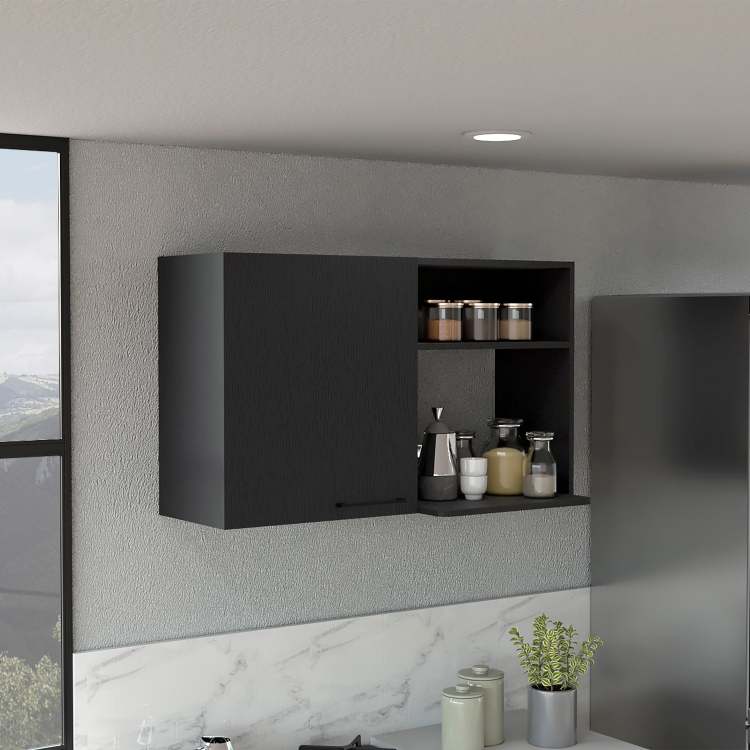 Stackable Wall Storage Cabinet 24" H, Two Internal Shelves, Two External Storage Shelves, One Door, Black
