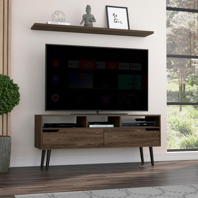 Oslo Tv Stand For Tv S Up 51", Two Drawers, Four Legs, Three Open Shelves Dark Walnut