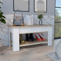 Austin Storage Table, One Extendable Table Shelf, Four Legs, Lower Shelf Light Oak White