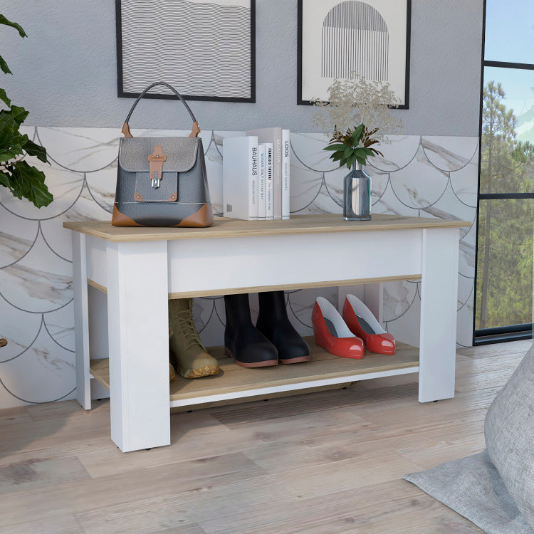 Austin Storage Table, One Extendable Table Shelf, Four Legs, Lower Shelf Light Oak White