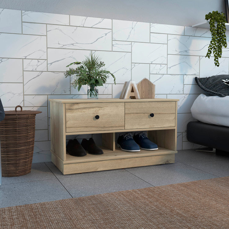 Hamilton Storage Bench, Two Open Shelves, Two Drawers Light Oak