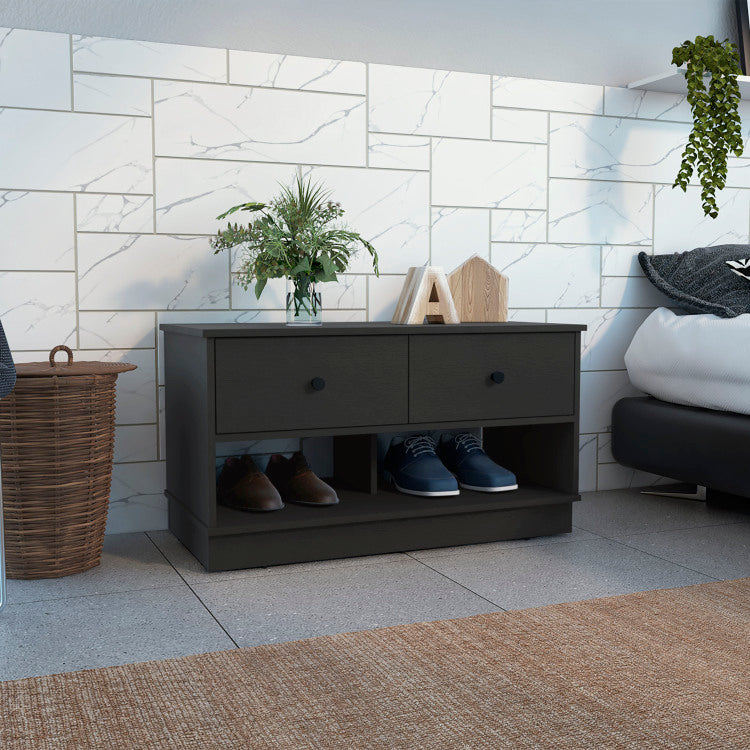 Hamilton Storage Bench, Two Open Shelves, Two Drawers Black