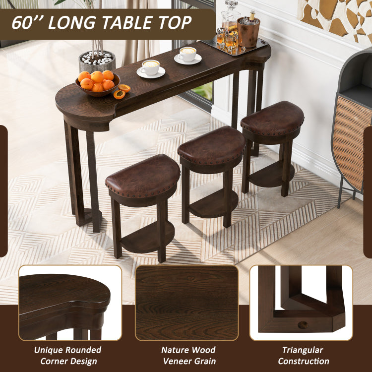 4 Piece Bar Table Set With3 Pu Upholstered Bar Stools, Breakfast Table With 3 Padded Stools Solid Wood Counter Height Dining Table Set For Living Room, Dining Room. Espresso