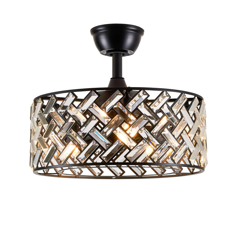 18'' Crystal Cage With Remote Control ,Quiet Motor Fan Light , Indoor Crystal Chandelier For Bedroom, Living Room, Dinning Room, Kids Room Matte Black Bulbs Not Included