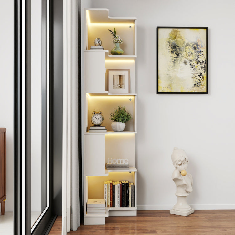 Corner Book Shelf 5 Tier Corner Bookshelf Bookcase With Baffle, Freestanding L Shaped Display Shelf Stand With Led Lights For Home Office, Living Room, Bedroom, Kitchen