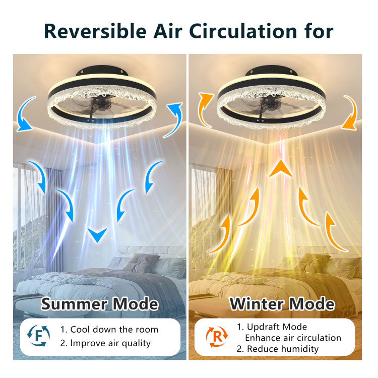 16" Quiet With Light Led Crystal Flush Mount Fan Lamp With Hidden Blades And Natural Airflow, Perfect For Bedroom, Kids Room, Study Room