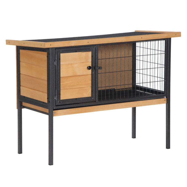Pawhut Rabbit Hutch Elevated Bunny Cage Small Animal Habitat With Metal Frame, No Leak Tray, Mtetal Wire Pan And Openable Water Resistant Asphalt Roof For Indoor Outdoor Natural Wood