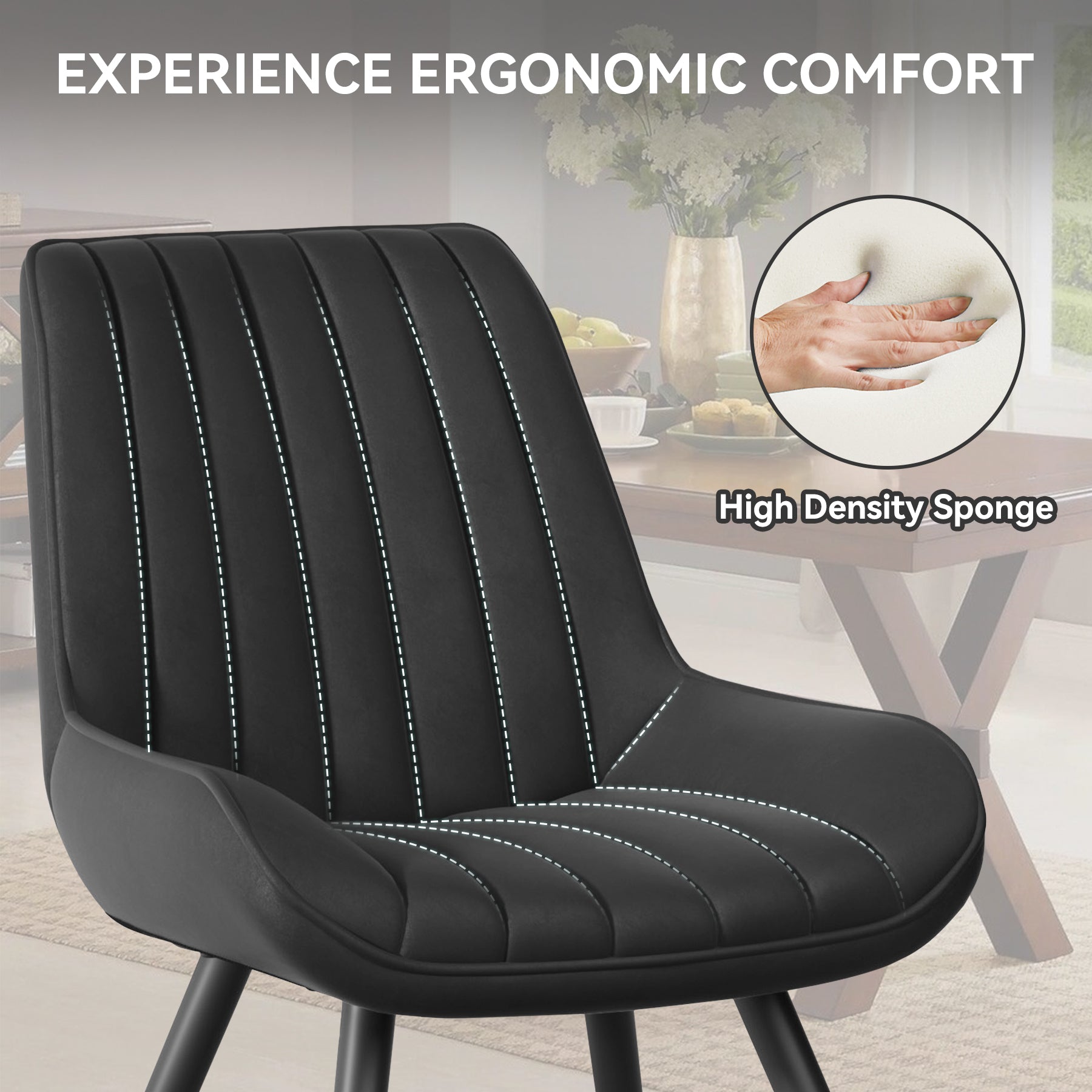 Modern Dining Chairs Set Of 4, Comfy Dining Room Chairs With Thick Cushions, Upholstered Fabric Kitchen Side Chairs With Metal Legs, Black