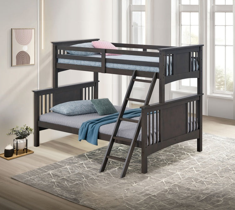 Modern Transitional Style Twin Over Full Bunk Bed With Ladder And Grey Mix Finish