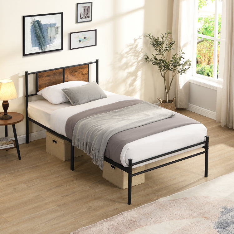 Twin Size Metal Bedframe,Headboard With Wood Panel Decoration,Black