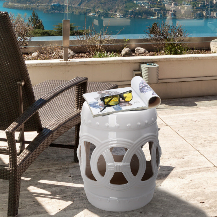 Outsunny 14" X 17" Ceramic Garden Stool With Double Coin Knotted Ring Design & Strong Glazed Material, Decorative End Table, Home Collection, White
