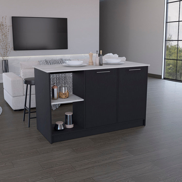 Kitchen Island With Large Countertop, Open Storage Shelves And Double Door Cabinet, Black Onyx