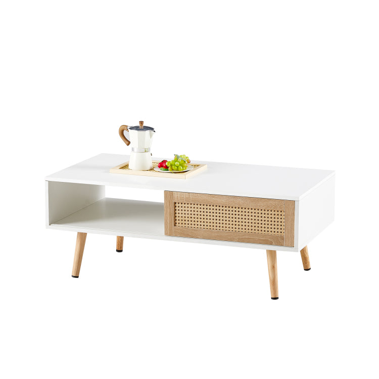 41.34" Rattan Coffee Table, Sliding Door For Storage, Solid Wood Legs, Modern Table For Living Room ,White