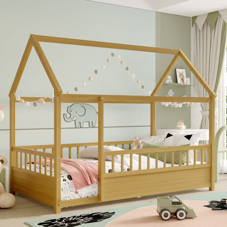 Twin Size Floor Wooden Bed With House Roof Frame, Fence Guardrails, Twin,Natural