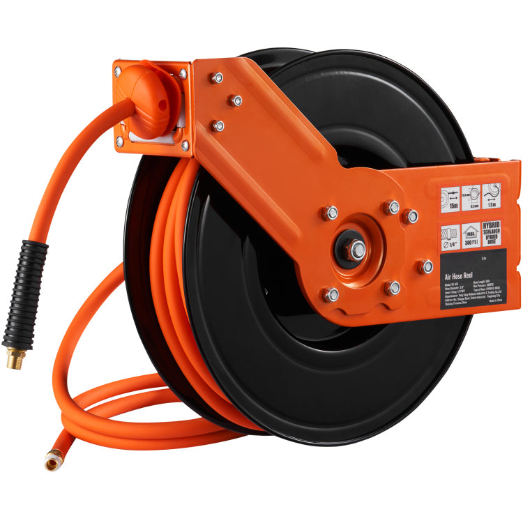 Retractable Air Hose Reel, 3 8 In X 50 Ft Hybrid Air Hose Max 300Psi, Air Compressor Hose Reel With 5 Ft Lead In, Ceiling Wall Mount Heavy Duty Single Arm Steel Reel