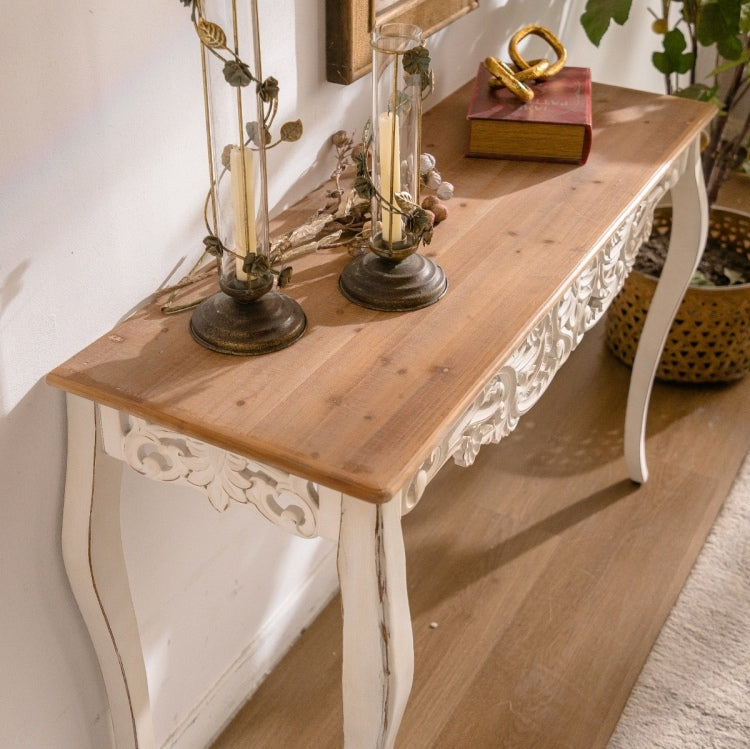 43.31" French Country Carved Console Table Antique White Distressed Solid Wood & Mdf Entry Table With Curved Legs For Hallway Living Room