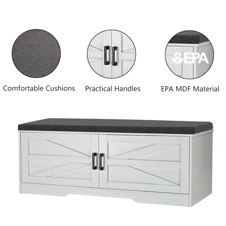 2 Tier Storage Bench, Farmhouse Shoe Bench With Padded Seat Cushion, Entryway Bench With 2 Barn Doors & 2 Adjustable Shelves, 13.75" D X 39.4" W X 17.72" H, For Entryway, Bedroom, Living Room, White