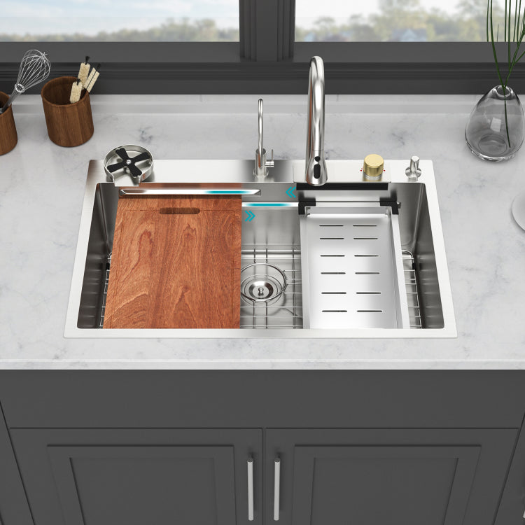 33" Drop In Waterfall Kitchen Sink 33*22*10 Inch Single Bowl 16 Gauge Stainless Steel Ledge Workstation Kitchen Sinks With Pull Down Faucet & Cup Washer